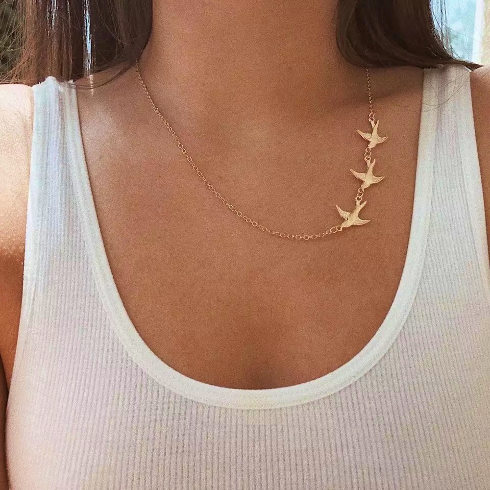 "3 Little Birds" Sparrow Gold Dainty Pretty Bohemian Hippie Peace Gift Necklace - Picture 2 of 7